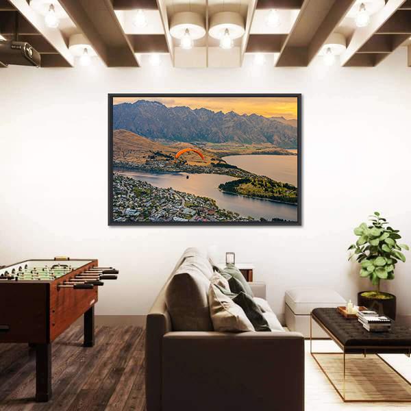 Paragliding over Queenstown and Lake Wakaitipu Canvas Wall Art-5 Horizontal-Gallery Wrap-22" x 12"-Tiaracle