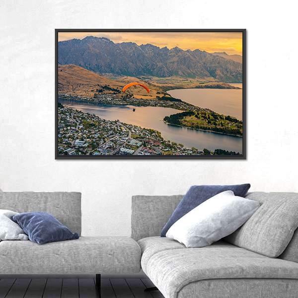 Paragliding over Queenstown and Lake Wakaitipu Canvas Wall Art-5 Horizontal-Gallery Wrap-22" x 12"-Tiaracle