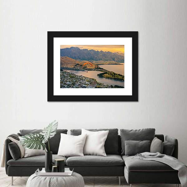 Paragliding over Queenstown and Lake Wakaitipu Canvas Wall Art-5 Horizontal-Gallery Wrap-22" x 12"-Tiaracle