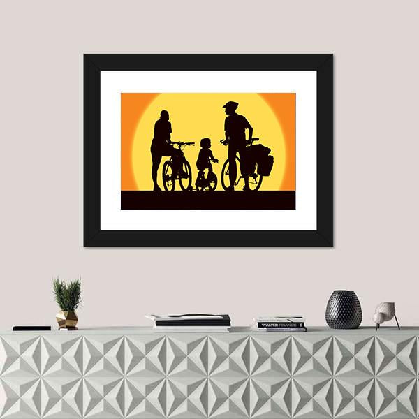 Parents And Child Cycling On A Trip Canvas Wall Art-1 Piece-Framed Print-20" x 16"-Tiaracle