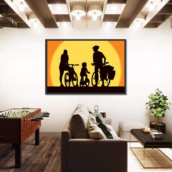 Parents And Child Cycling On A Trip Canvas Wall Art-5 Horizontal-Gallery Wrap-22" x 12"-Tiaracle