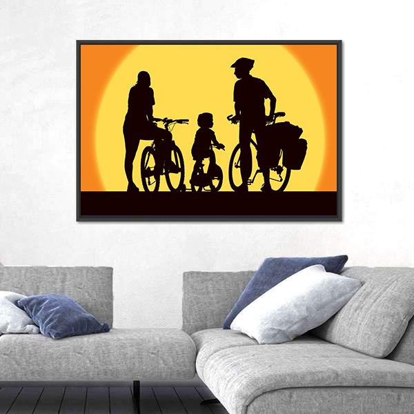 Parents And Child Cycling On A Trip Canvas Wall Art-5 Horizontal-Gallery Wrap-22" x 12"-Tiaracle