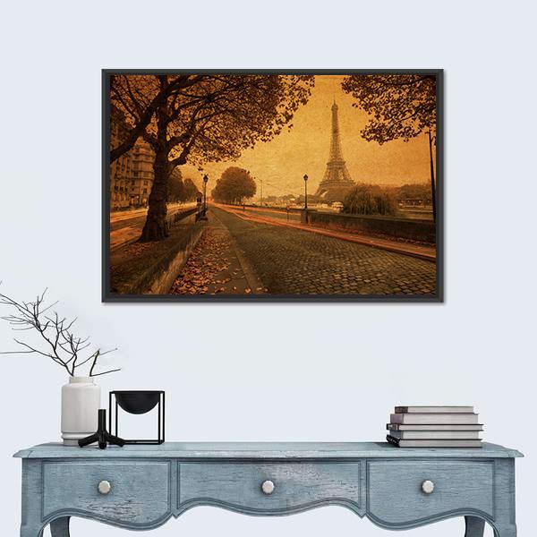 Paris at Dusk with Eiffel Tower Canvas Wall Art in brown, orange and yellow, 4 panel Pop layout hung on a wall