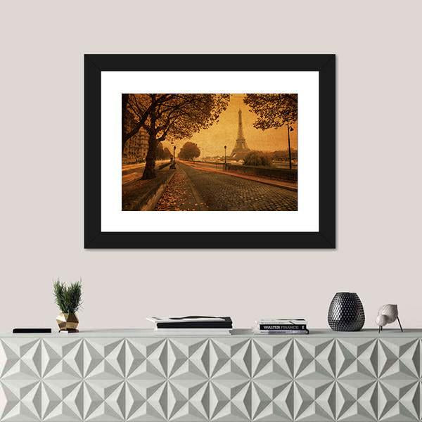 Paris at Dusk with Eiffel Tower Canvas Wall Art in brown, orange and yellow, 4 panel Pop layout hung on a wall