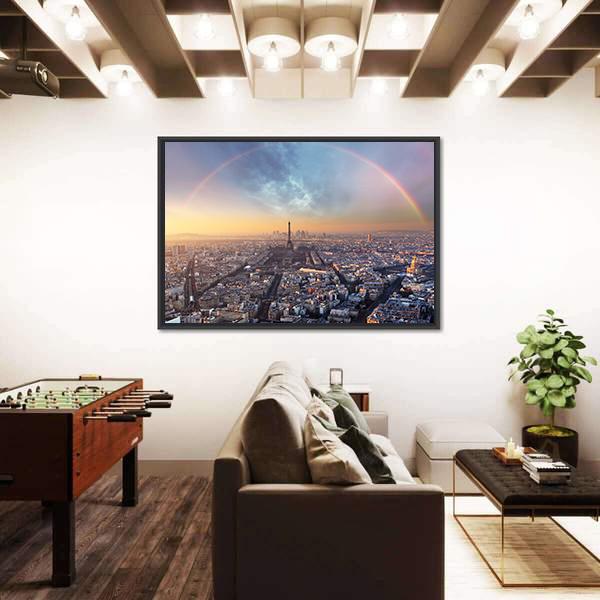 Paris With Rainbow - Skyline Canvas Wall Art-5 Horizontal-Gallery Wrap-22" x 12"-Tiaracle