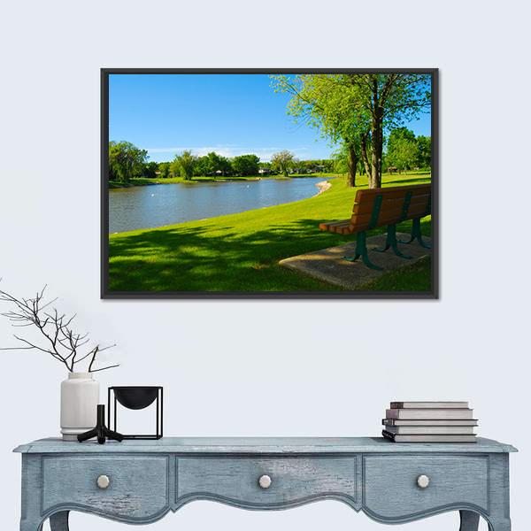 Park Bench Overlooking A Lake Canvas Wall Art-1 Piece-Floating Frame-24" x 16"-Tiaracle