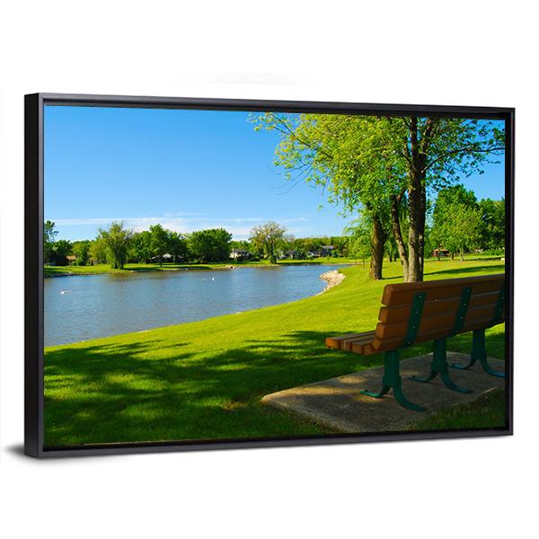 Park Bench Overlooking A Lake Canvas Wall Art-3 Horizontal-Gallery Wrap-25" x 16"-Tiaracle