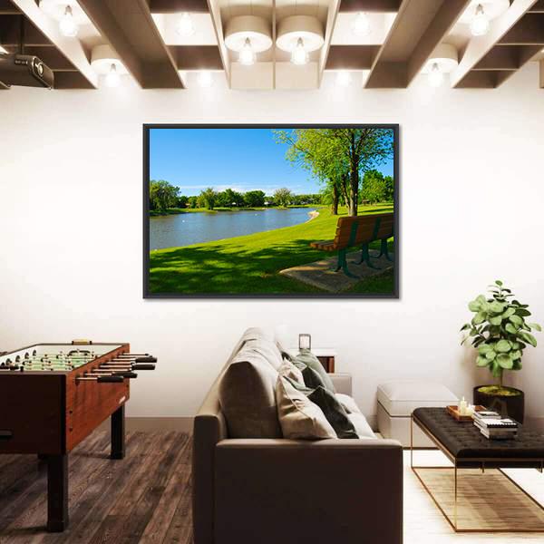 Park Bench Overlooking A Lake Canvas Wall Art-3 Horizontal-Gallery Wrap-25" x 16"-Tiaracle