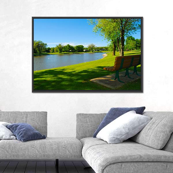 Park Bench Overlooking A Lake Canvas Wall Art-3 Horizontal-Gallery Wrap-25" x 16"-Tiaracle