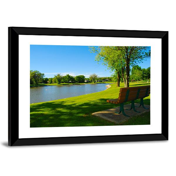 Park Bench Overlooking A Lake Canvas Wall Art-3 Horizontal-Gallery Wrap-25" x 16"-Tiaracle