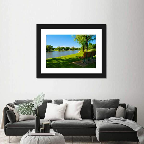 Park Bench Overlooking A Lake Canvas Wall Art-3 Horizontal-Gallery Wrap-25" x 16"-Tiaracle