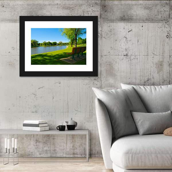Park Bench Overlooking A Lake Canvas Wall Art-3 Horizontal-Gallery Wrap-25" x 16"-Tiaracle