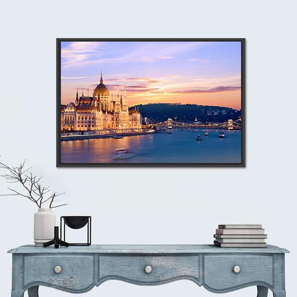 Parliament & Danube River Canvas Wall Art-1 Piece-Floating Frame-36" x 24"-Tiaracle
