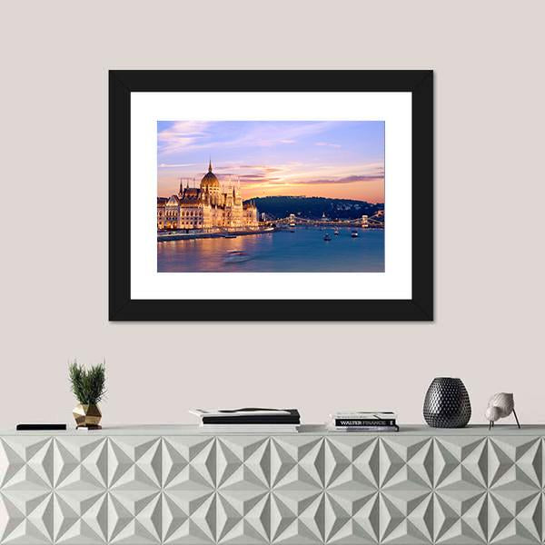 Parliament &amp; Danube River Canvas Wall Art-1 Piece-Framed Print-42" x 14"-Tiaracle