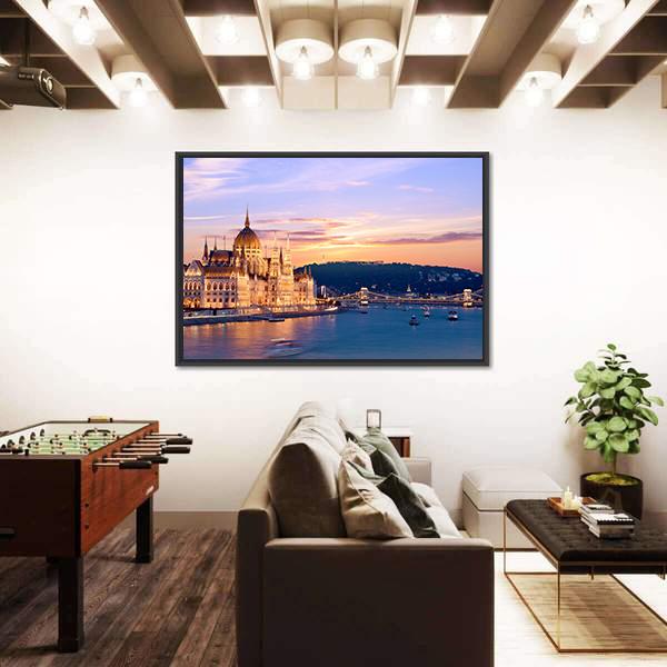 Parliament & Danube River Canvas Wall Art-5 Horizontal-Gallery Wrap-22" x 12"-Tiaracle