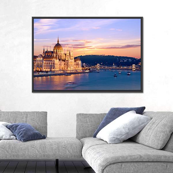 Parliament & Danube River Canvas Wall Art-5 Horizontal-Gallery Wrap-22" x 12"-Tiaracle