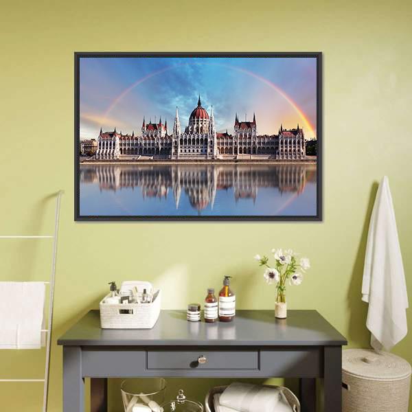 Parliament In Danube Canvas Wall Art-1 Piece-Floating Frame-36" x 24"-Tiaracle