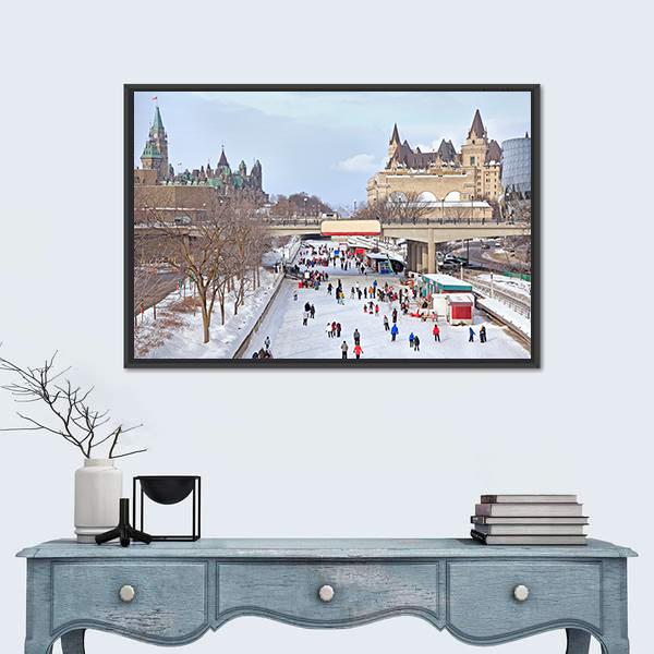 Parliament Of Canada In Winter Canvas Wall Art-1 Piece-Floating Frame-24" x 16"-Tiaracle
