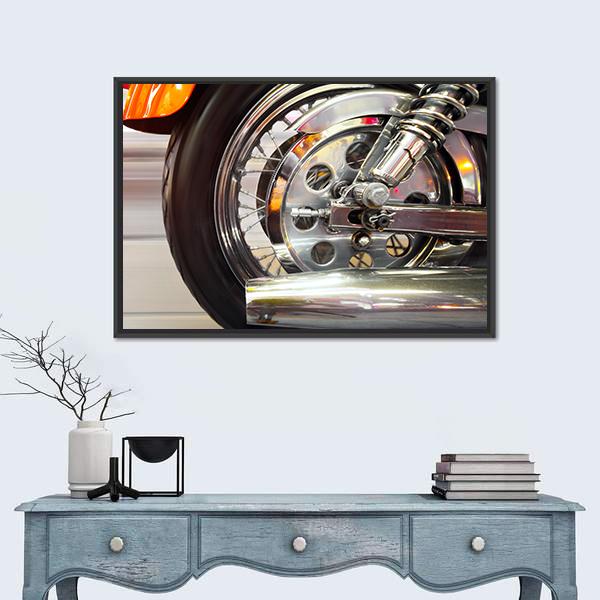 Part Of A Luxury Motorcycle With Blurry Asphalt Road Canvas Wall Art-1 Piece-Floating Frame-24" x 16"-Tiaracle