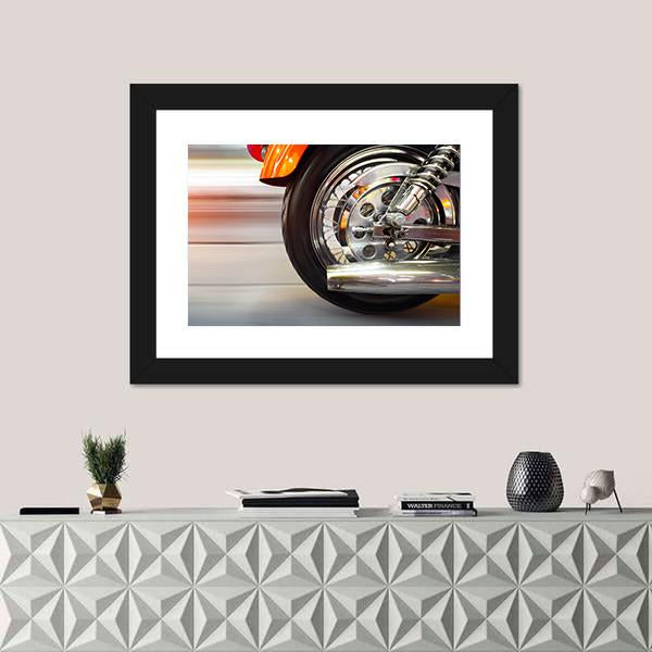 Part Of A Luxury Motorcycle With Blurry Asphalt Road Canvas Wall Art-1 Piece-Framed Print-20" x 16"-Tiaracle
