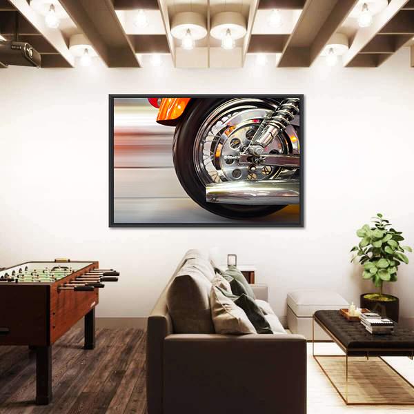 Part Of A Luxury Motorcycle With Blurry Asphalt Road Canvas Wall Art-3 Horizontal-Gallery Wrap-25" x 16"-Tiaracle
