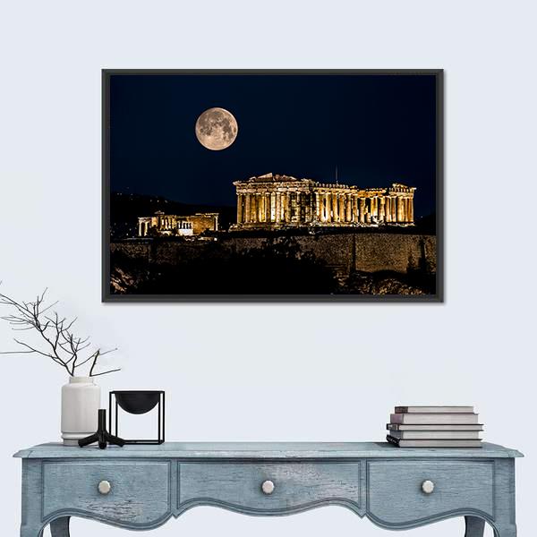 Parthenon Of Athens At Night In Greece Canvas Wall Art-1 Piece-Floating Frame-24" x 16"-Tiaracle