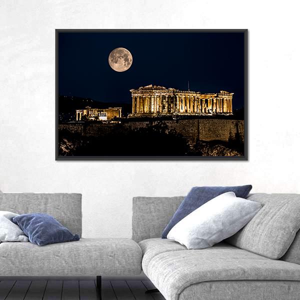 Parthenon Of Athens At Night In Greece Canvas Wall Art-3 Horizontal-Gallery Wrap-25" x 16"-Tiaracle