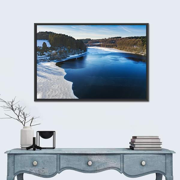 Partially Frozen Lingese Dam In Winter Canvas Wall Art-1 Piece-Floating Frame-24" x 16"-Tiaracle