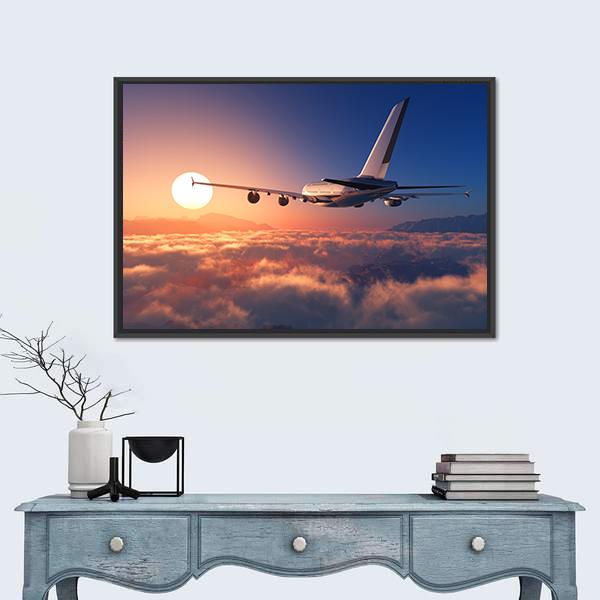 Passenger Plane Above The Clouds Canvas Wall Art-1 Piece-Floating Frame-24" x 16"-Tiaracle