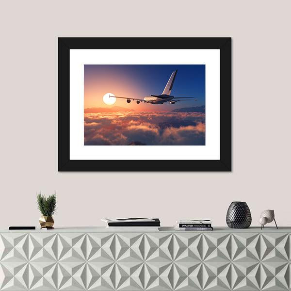 Passenger Plane Above The Clouds Canvas Wall Art-1 Piece-Framed Print-20" x 16"-Tiaracle