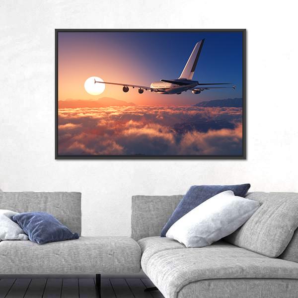 Passenger Plane Above The Clouds Canvas Wall Art-5 Horizontal-Gallery Wrap-22" x 12"-Tiaracle