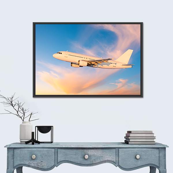 Passenger Plane Flies In Sky Canvas Wall Art-1 Piece-Floating Frame-24" x 16"-Tiaracle