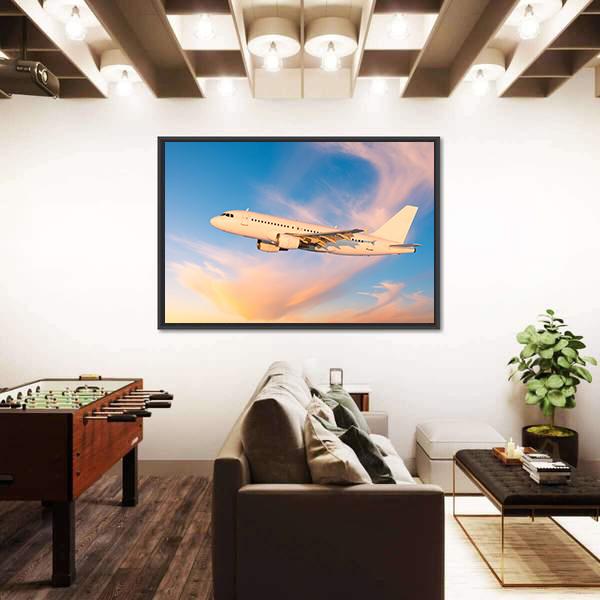 Passenger Plane Flies In Sky Canvas Wall Art-3 Horizontal-Gallery Wrap-25" x 16"-Tiaracle