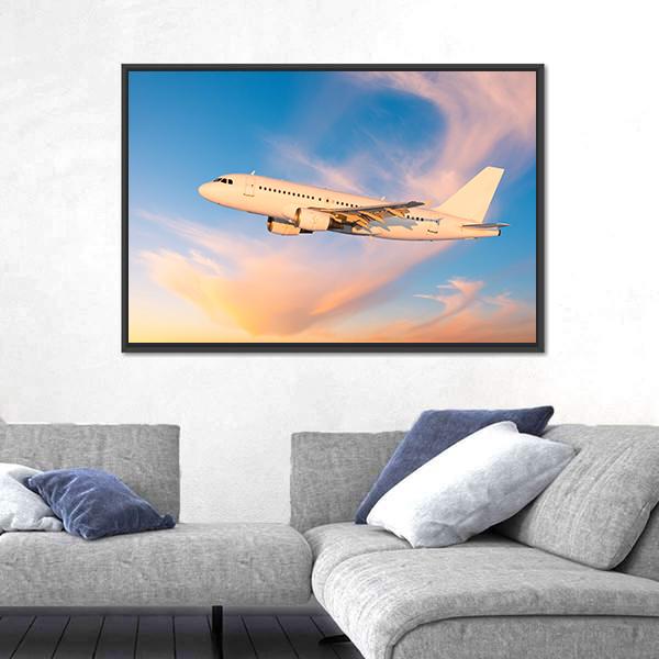 Passenger Plane Flies In Sky Canvas Wall Art-3 Horizontal-Gallery Wrap-25" x 16"-Tiaracle