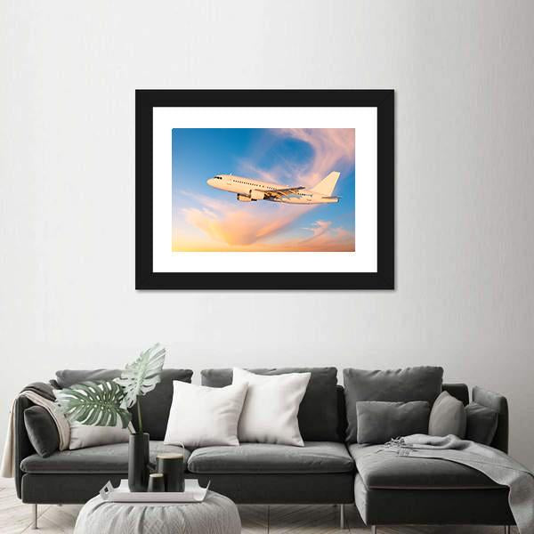 Passenger Plane Flies In Sky Canvas Wall Art-3 Horizontal-Gallery Wrap-25" x 16"-Tiaracle