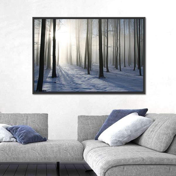 Path In The Misty Winter Forest Backlit By The Morning Sun Canvas Wall Art-3 Horizontal-Gallery Wrap-25" x 16"-Tiaracle
