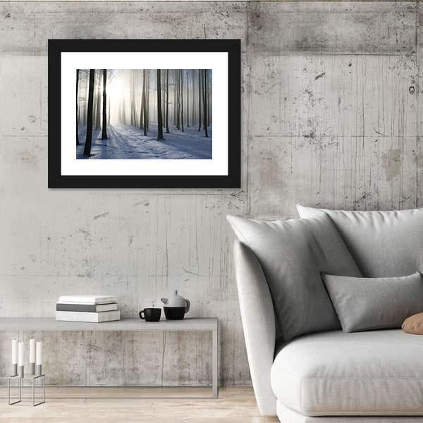 Path In The Misty Winter Forest Backlit By The Morning Sun Canvas Wall Art-3 Horizontal-Gallery Wrap-25" x 16"-Tiaracle