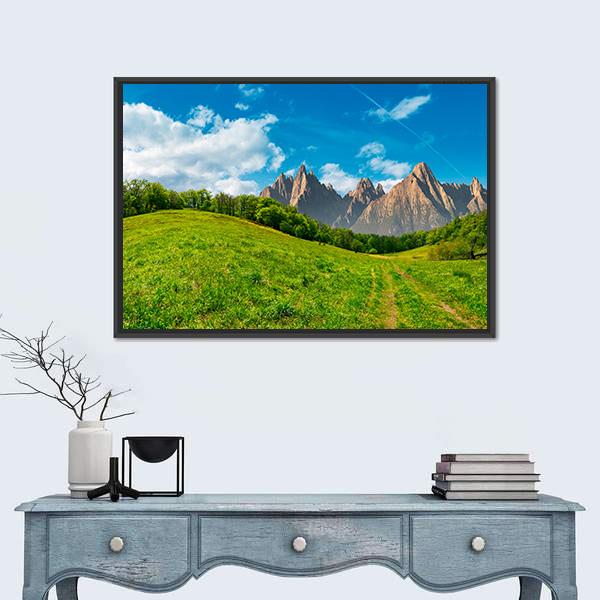 Path Through Forest On Grassy Hillside Canvas Wall Art-1 Piece-Floating Frame-24" x 16"-Tiaracle