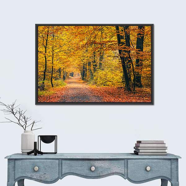 Pathway In The Autumn Forest Canvas Wall Art-1 Piece-Floating Frame-24" x 16"-Tiaracle
