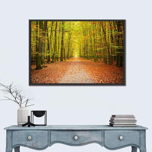 Pathway in the Autumn Forest Canvas Wall Art in orange, yellow and green, framed canvas, product view on a white background
