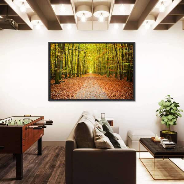 Pathway In The Autumn Forest Canvas Wall Art-3 Horizontal-Gallery Wrap-25" x 16"-Tiaracle