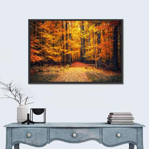 Pathway In The Autumn Park Canvas Wall Art-1 Piece-Floating Frame-24" x 16"-Tiaracle