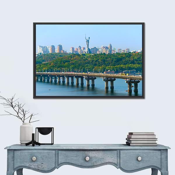 Paton Bridge Over The River Dnieper Canvas Wall Art-1 Piece-Floating Frame-24" x 16"-Tiaracle
