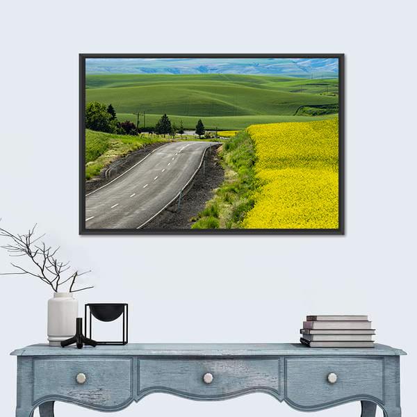 Paved Highway Passing Through Canola Fields Canvas Wall Art-1 Piece-Floating Frame-24" x 16"-Tiaracle