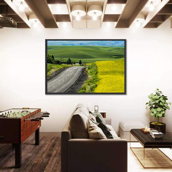 Paved Highway Passing Through Canola Fields Canvas Wall Art-3 Horizontal-Gallery Wrap-25" x 16"-Tiaracle
