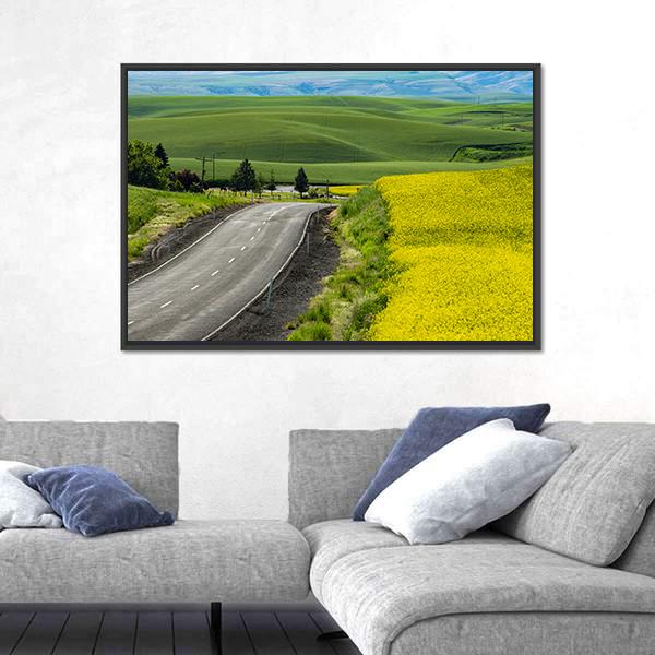 Paved Highway Passing Through Canola Fields Canvas Wall Art-3 Horizontal-Gallery Wrap-25" x 16"-Tiaracle