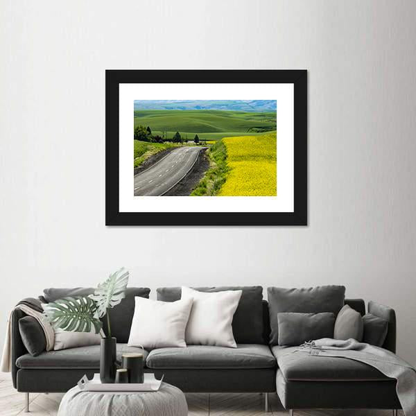 Paved Highway Passing Through Canola Fields Canvas Wall Art-3 Horizontal-Gallery Wrap-25" x 16"-Tiaracle