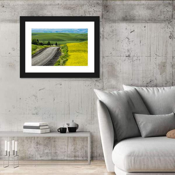 Paved Highway Passing Through Canola Fields Canvas Wall Art-3 Horizontal-Gallery Wrap-25" x 16"-Tiaracle