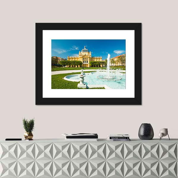 Pavilion And Fountain In Zagreb Canvas Wall Art-1 Piece-Framed Print-20" x 16"-Tiaracle