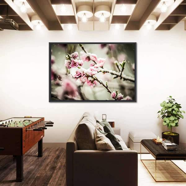 Peach Blossom Covered In Snow Canvas Wall Art-5 Horizontal-Gallery Wrap-22" x 12"-Tiaracle